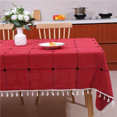Rustic Farmhouse Linen Look Tablecloth with Tassels, Wrinkle-Free Striped & Plaid Table Cover for Holiday Dinner Decor