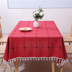Rustic Farmhouse Linen Look Tablecloth with Tassels, Wrinkle-Free Striped & Plaid Table Cover for Holiday Dinner Decor