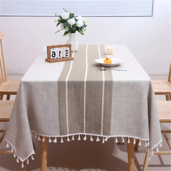 Rustic Farmhouse Linen Look Tablecloth with Tassels, Wrinkle-Free Poly-Blend Striped Table Cover Coffee