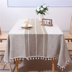 Rustic Farmhouse Linen Look Tablecloth with Tassels, Wrinkle-Free Poly-Blend Striped Table Cover Coffee