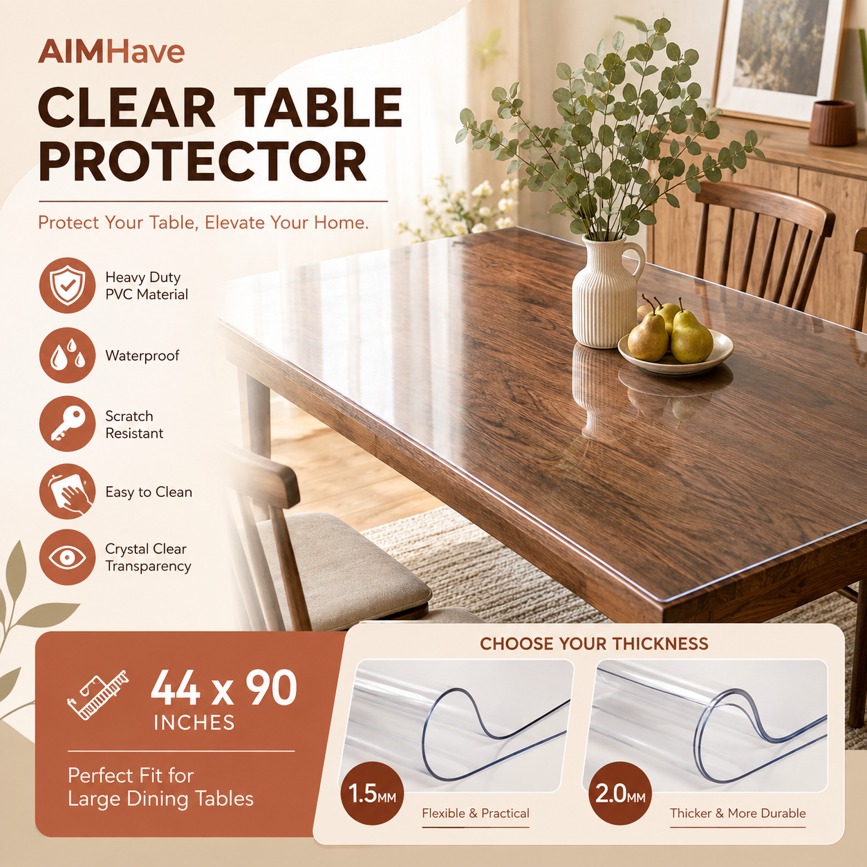 AIMHave 44x90 inch clear PVC table protector mat in 1.5mm and 2mm thickness for dining tables