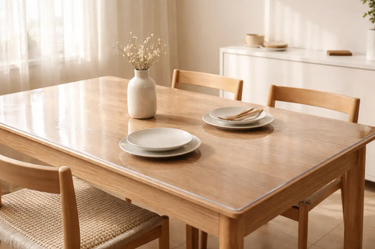 AimHave clear PVC table mat on a natural wood dining table in a sunlit, minimalist dining room.