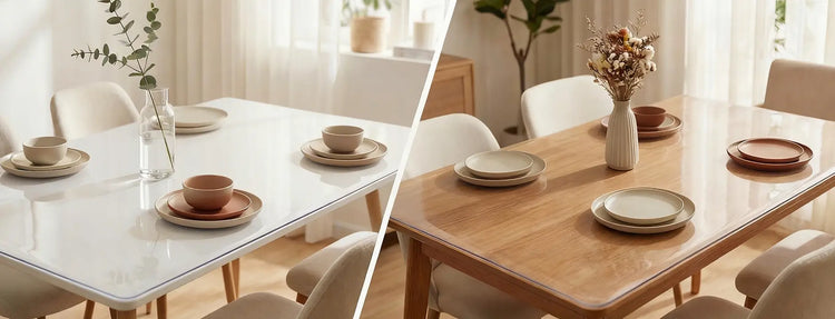 AimHave clear PVC table protectors on white and wooden dining tables in a bright, modern setting.