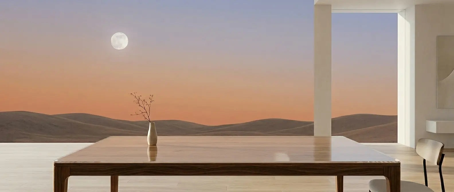 AimHave Invisible Protection transparent PVC mat on a walnut table in a minimalist Scandinavian panorama at sunset.
