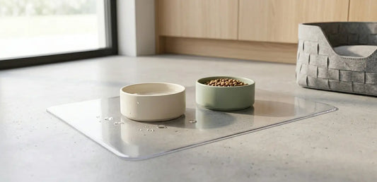 AimHave clear PVC pet feeding mat for floor protection under food bowls and crates.