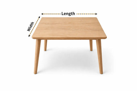 How to measure a square table for a PVC table cover, showing equal length and width dimensions
