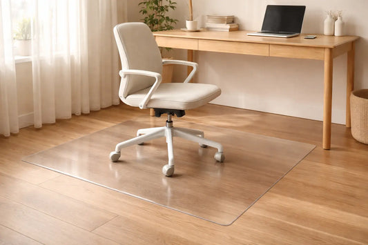 AimHave transparent office chair mat protecting a light hardwood floor under a white desk and chair.