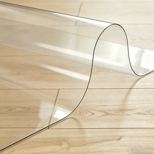 Clear PVC entryway mat showing 1.5mm flexibility and high transparency for doorway floor protection.