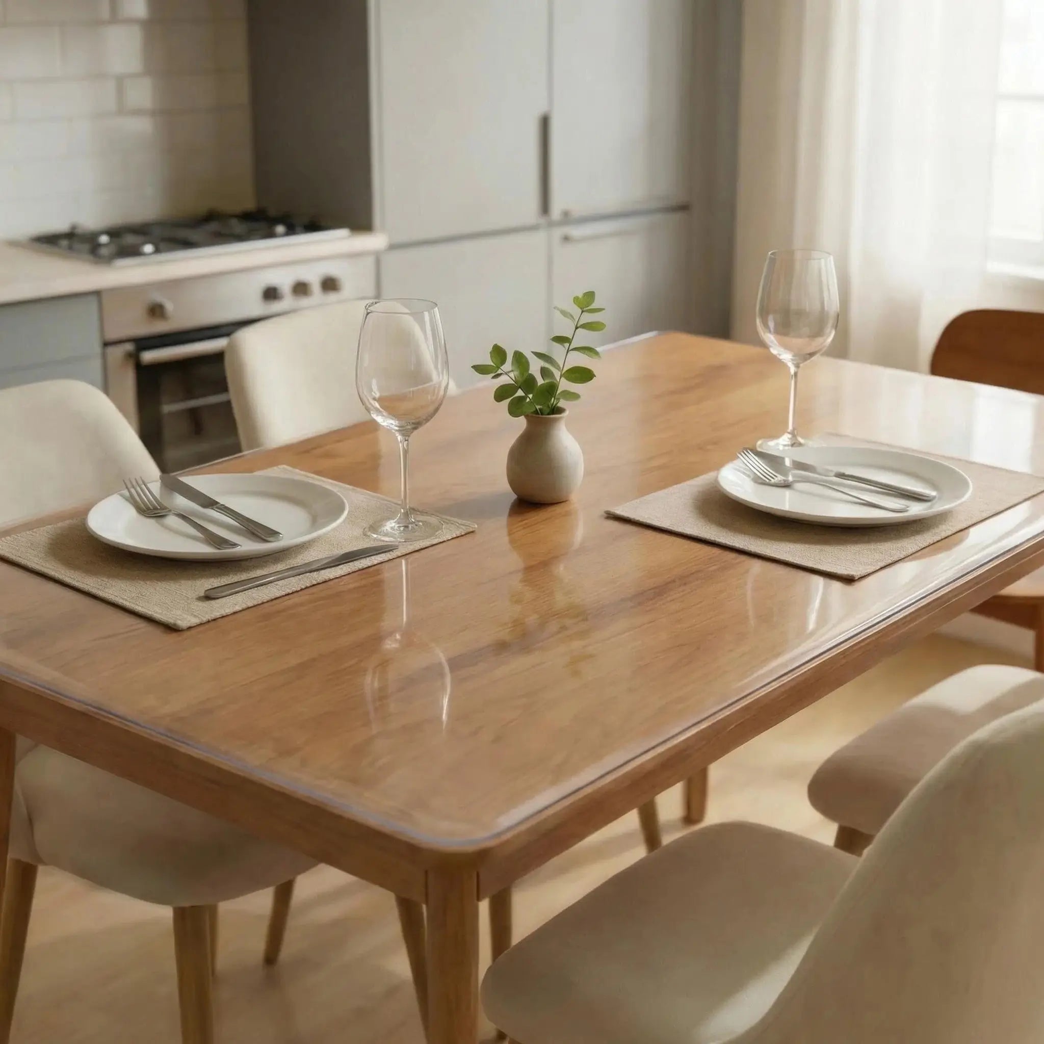 Crystal clear PVC dining table mat, waterproof and oil-proof protector for kitchen and dining room tables.