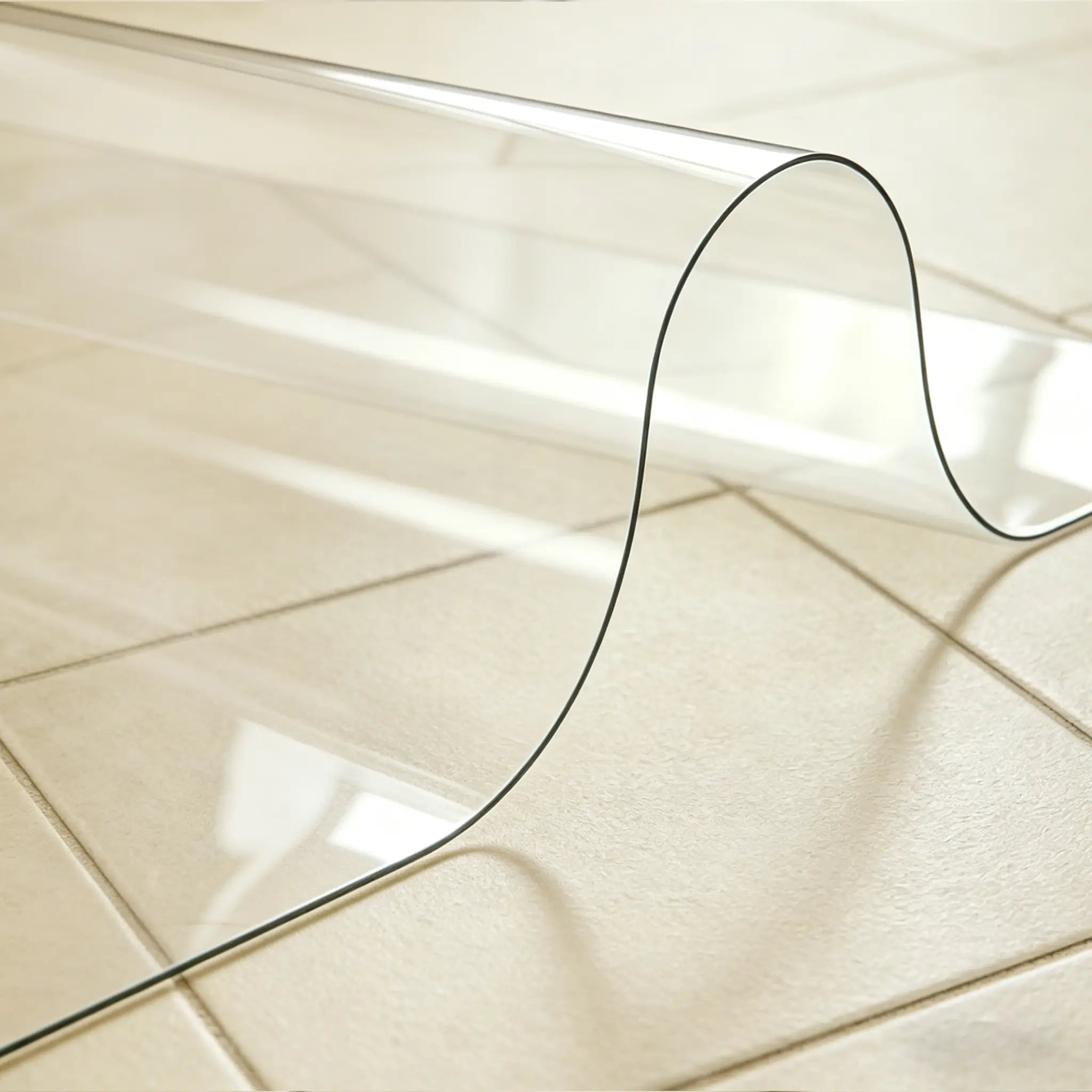 Clear PVC laundry mat showing 1.5mm material flexibility and high transparency for floor protection.