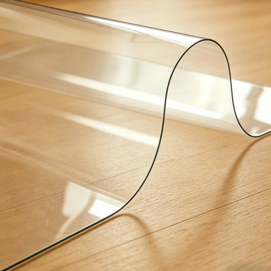 Clear PVC pet mat showing 1.5mm material flexibility and high transparency for floor protection.