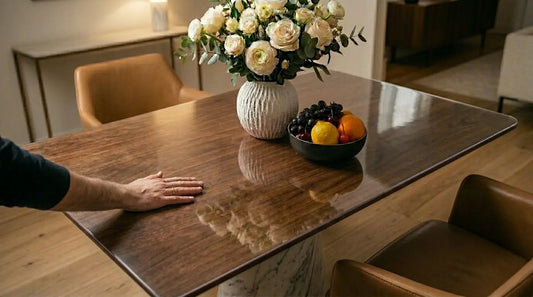 Rectangular walnut table protected by a clear AimHave PVC mat, showing a scratch-free, glossy wood grain finish.