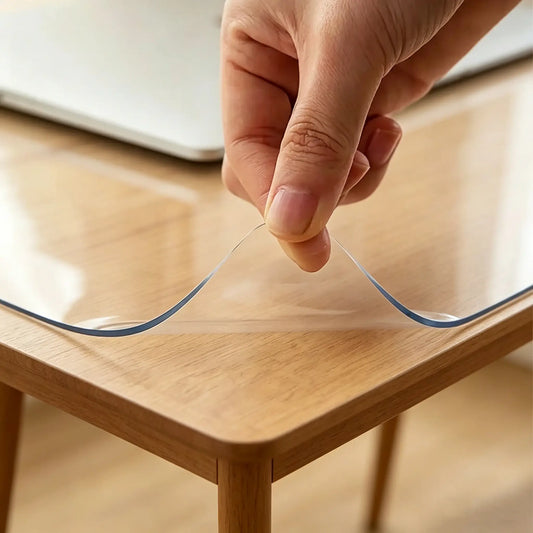 Hand lifting the corner of a PVC desk mat to show 1.5mm thickness and flexible, non-stick material.
