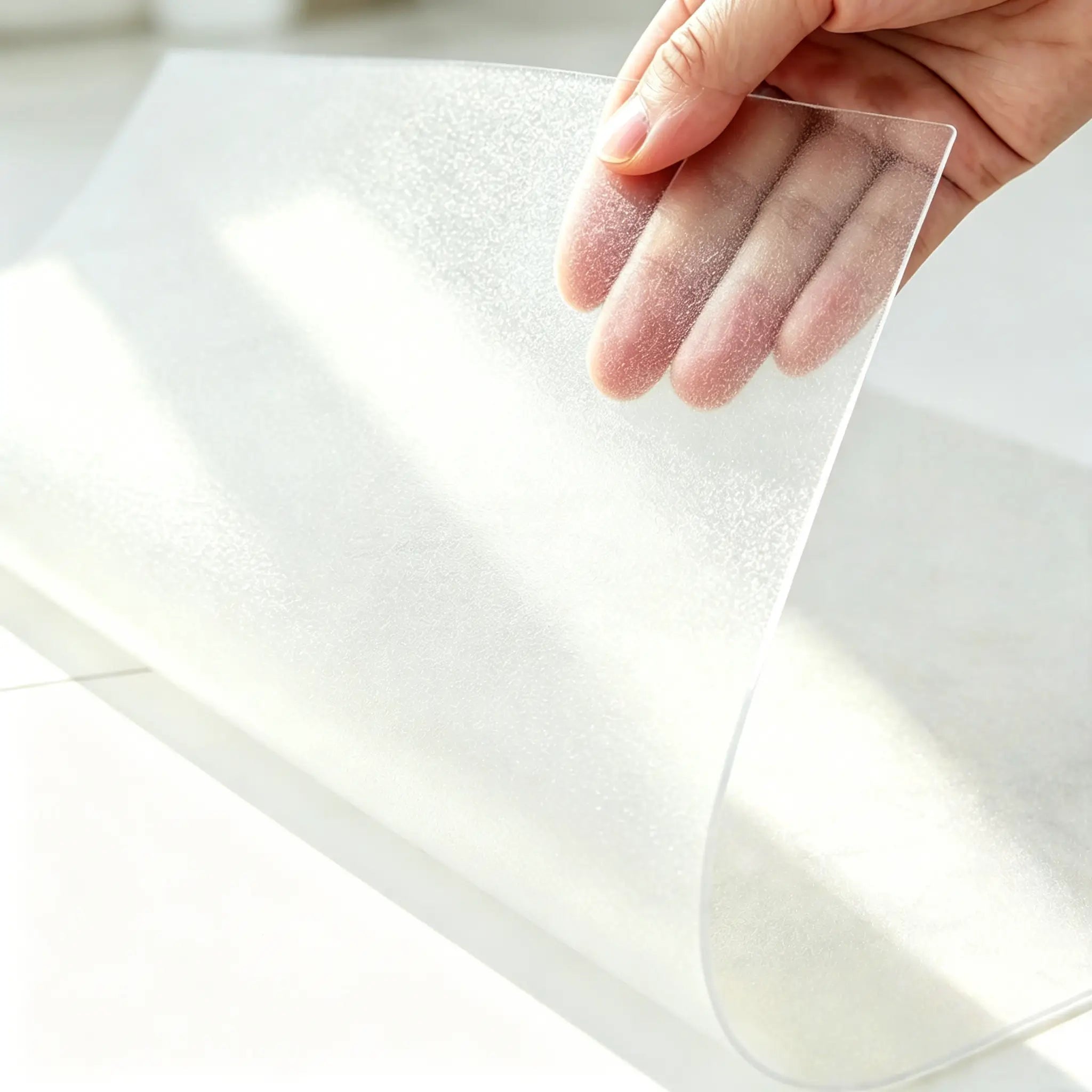 Hand folding a frosted bathroom mat to show 1.5mm thickness and the premium, non-slip matte PVC texture.
