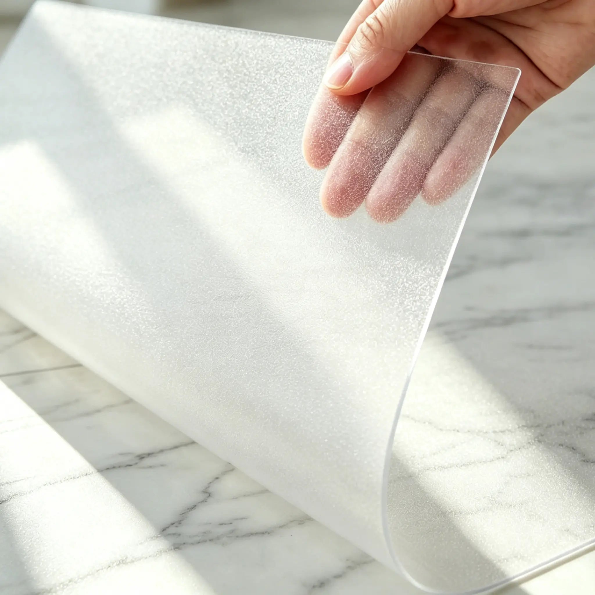 Hand folding a frosted entrance mat to show 1.5mm thickness and the premium, non-slip matte PVC texture.