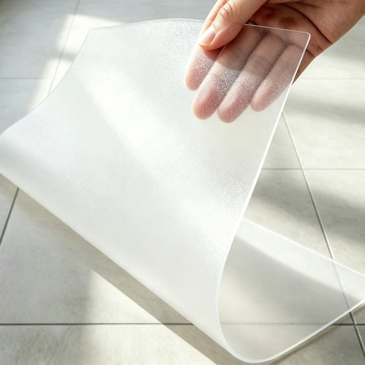 Hand folding a frosted laundry mat to demonstrate 1.5mm thickness and durable, flexible matte PVC material.