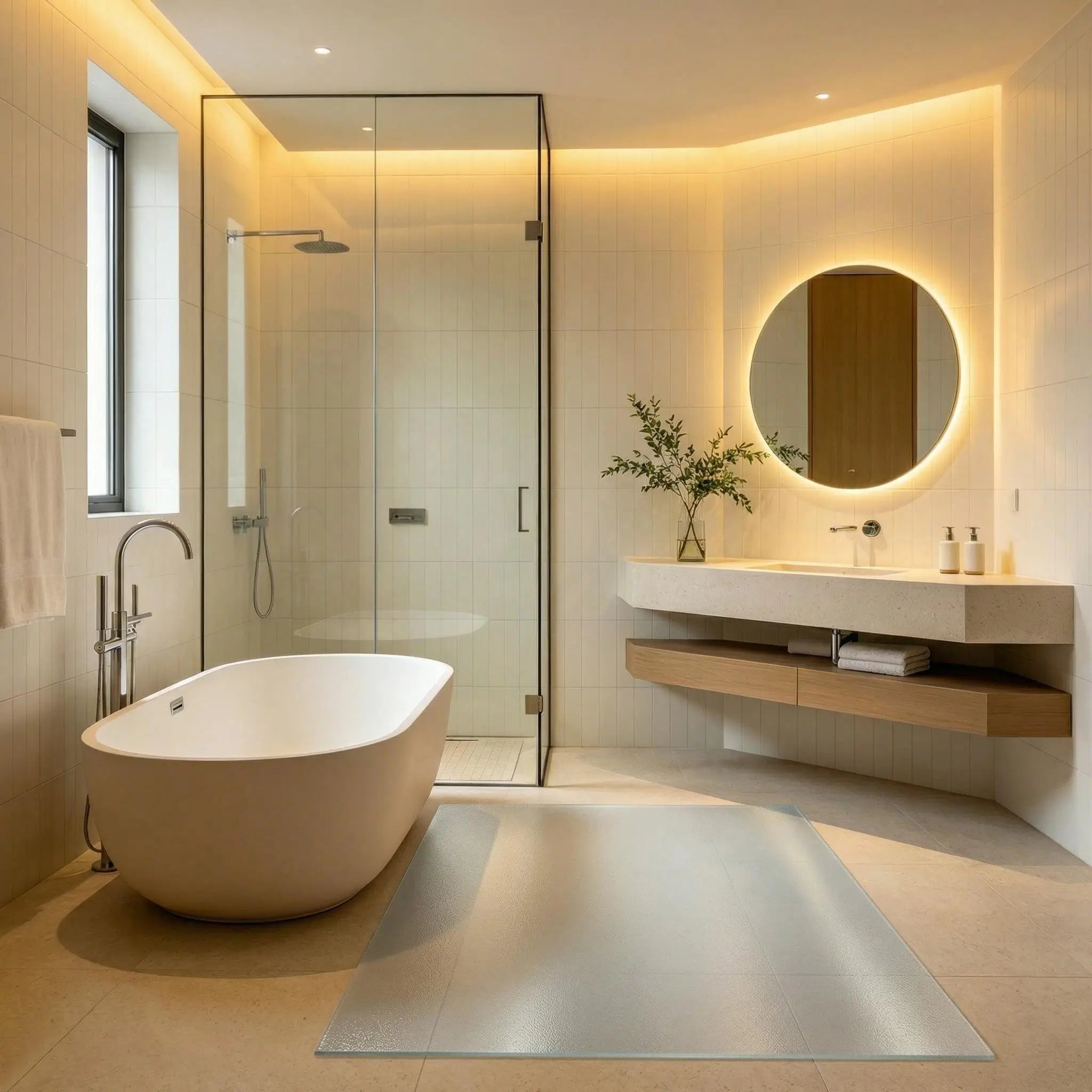 Frosted PVC bathroom mat, non-slip matte floor protector for shower and vanity areas, waterproof and durable.