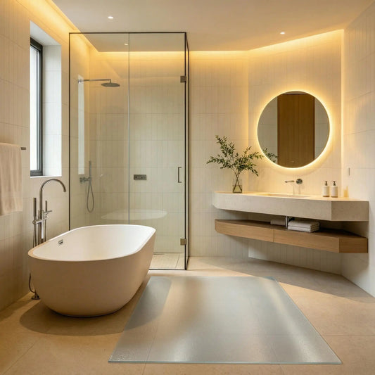 Frosted PVC bathroom mat, non-slip matte floor protector for shower and vanity areas, waterproof and durable.