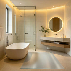 Frosted PVC bathroom mat, non-slip matte floor protector for shower and vanity areas, waterproof and durable.