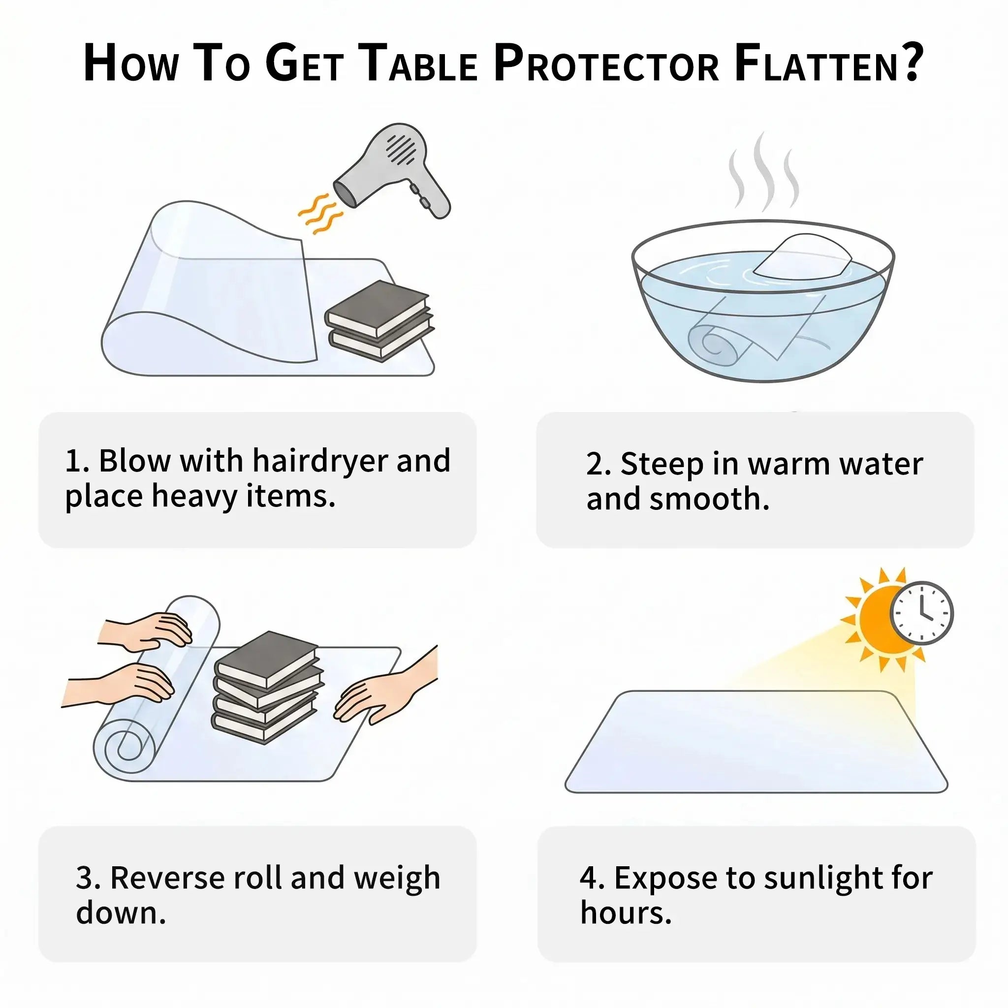 Guide to flattening PVC table pads using a hair dryer, warm water, or heavy books for a smooth surface.