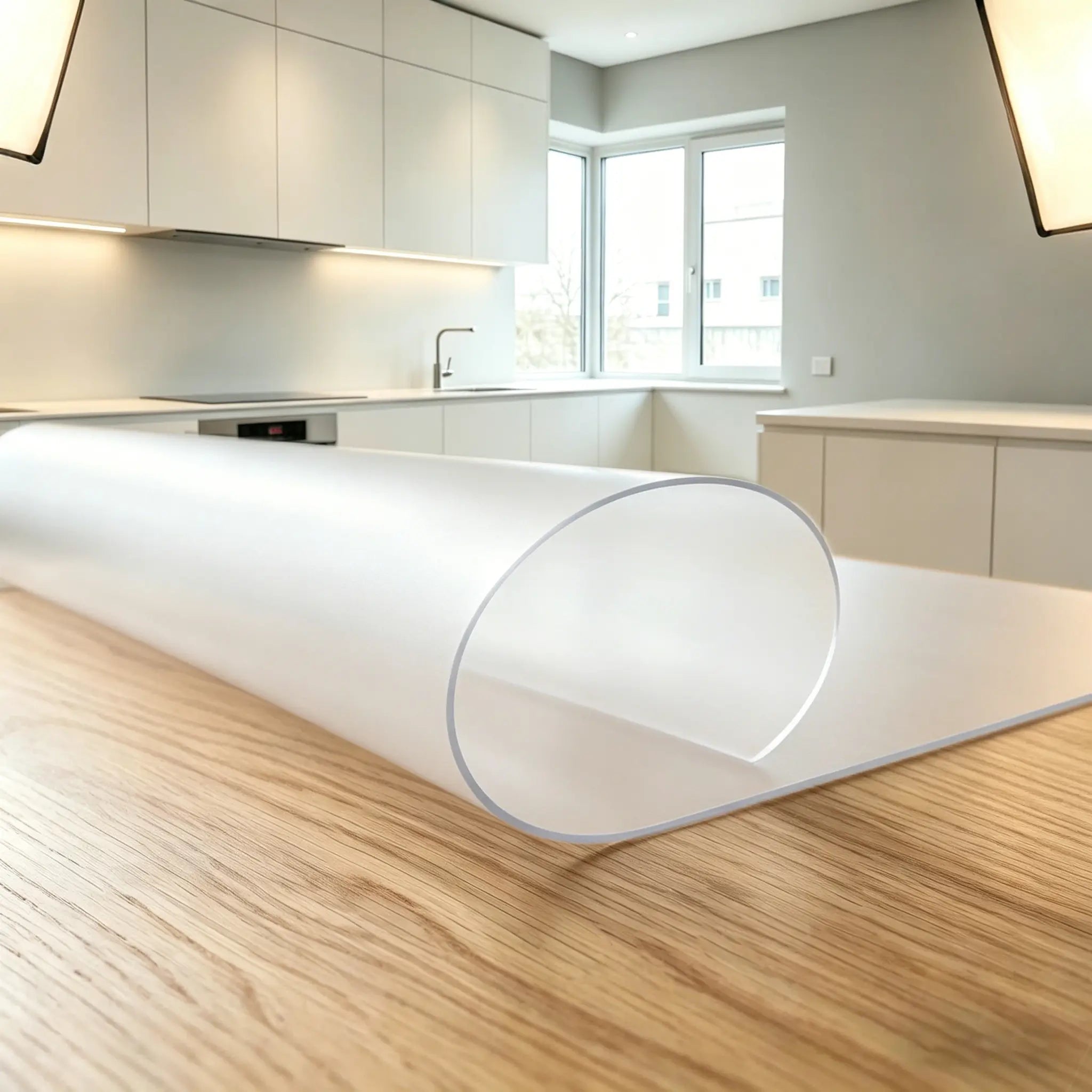 Close-up of frosted PVC mat with edge rolled up to demonstrate its soft texture and stay-flat design for tables.