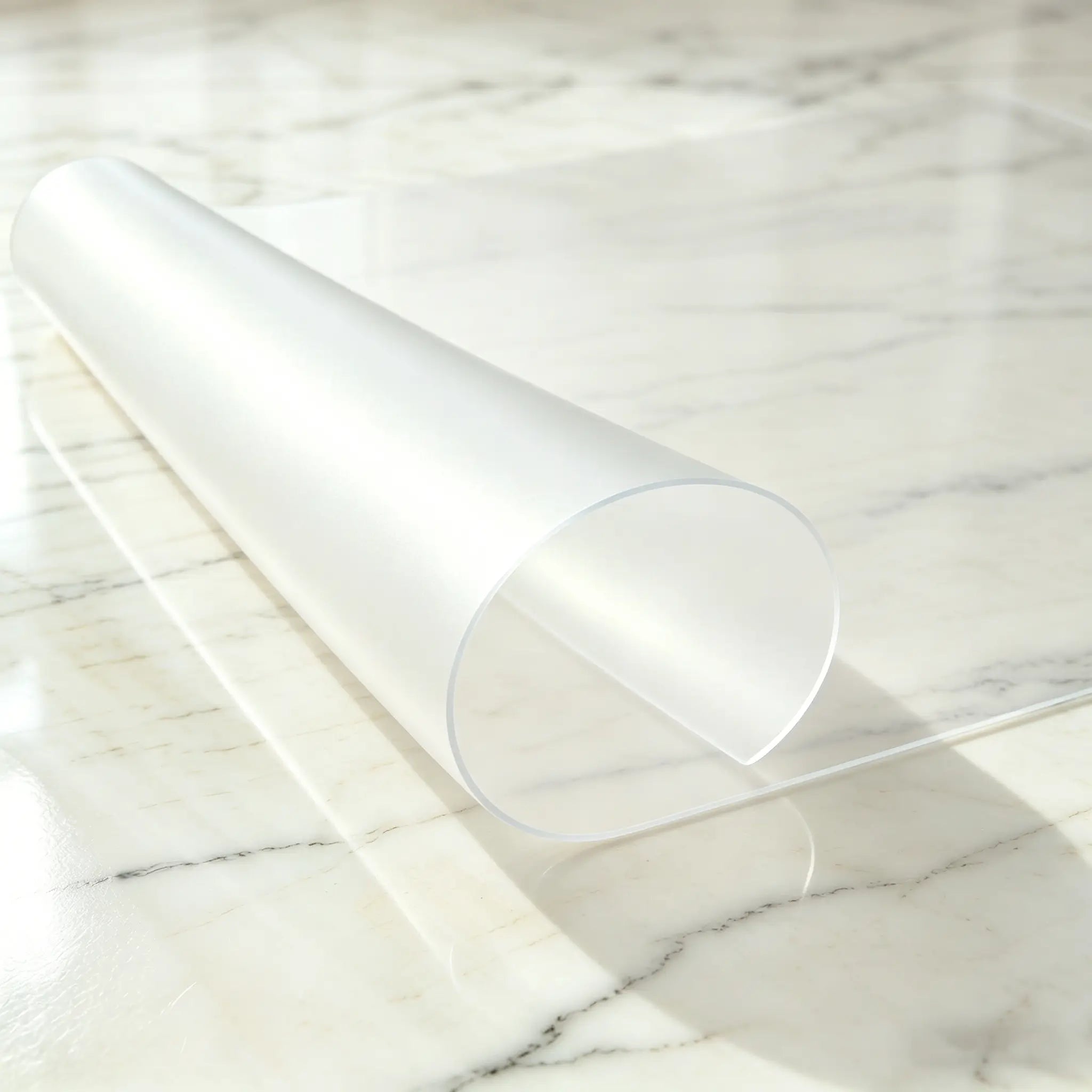 Frosted PVC entry mat with curved edge to show its soft texture and stay-flat design for hallway floors.