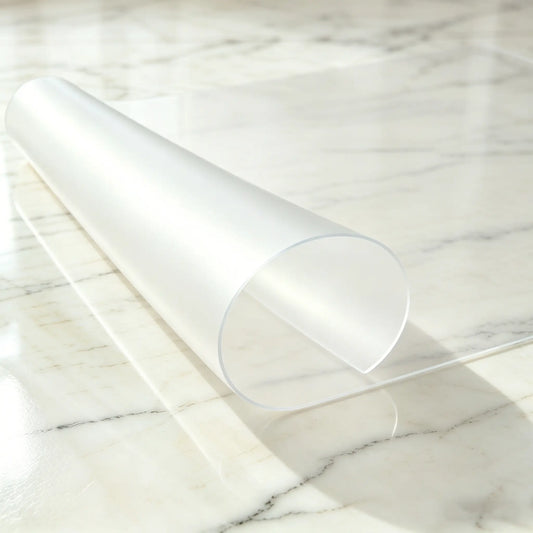Frosted PVC entry mat with curved edge to show its soft texture and stay-flat design for hallway floors.