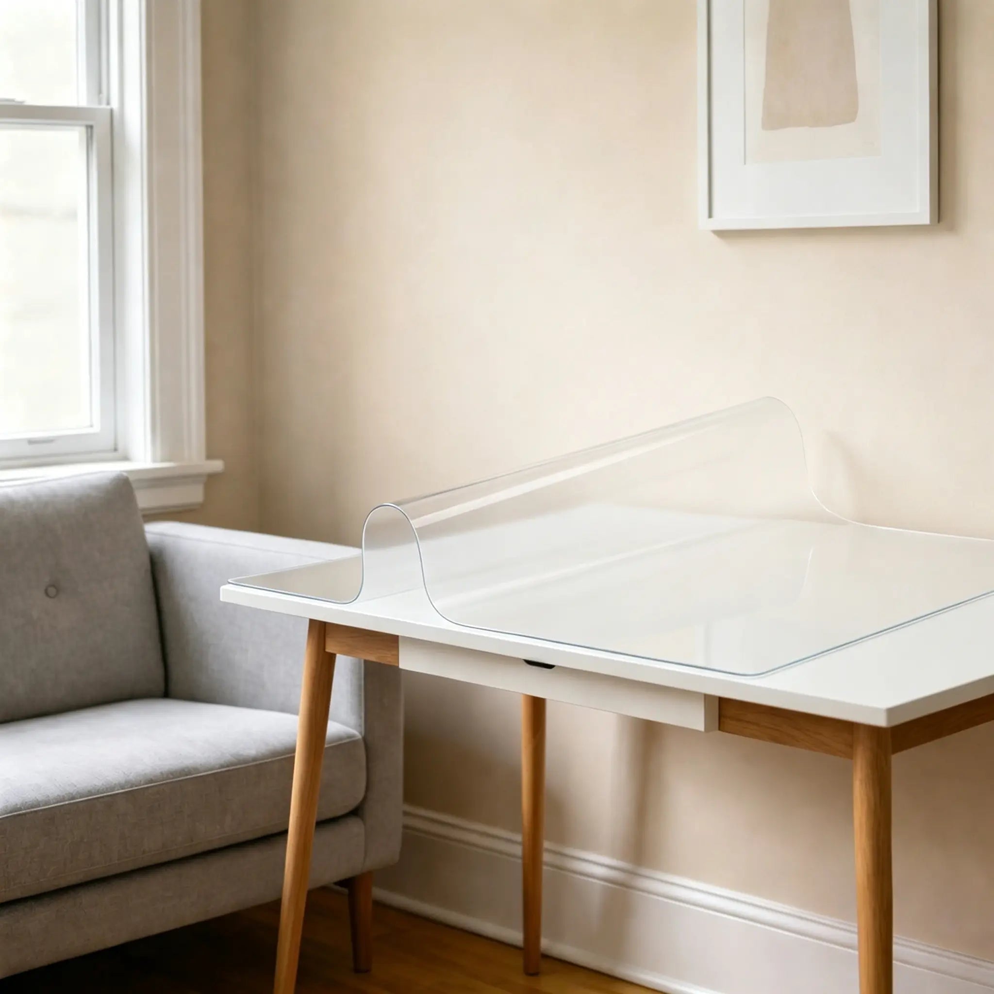Frosted PVC mat for office showing 1.5mm material flexibility and translucent matte finish for desk protection.