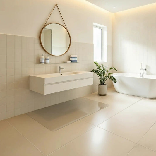 Clear PVC bathroom mat, waterproof and non-slip floor protector for shower and vanity areas.