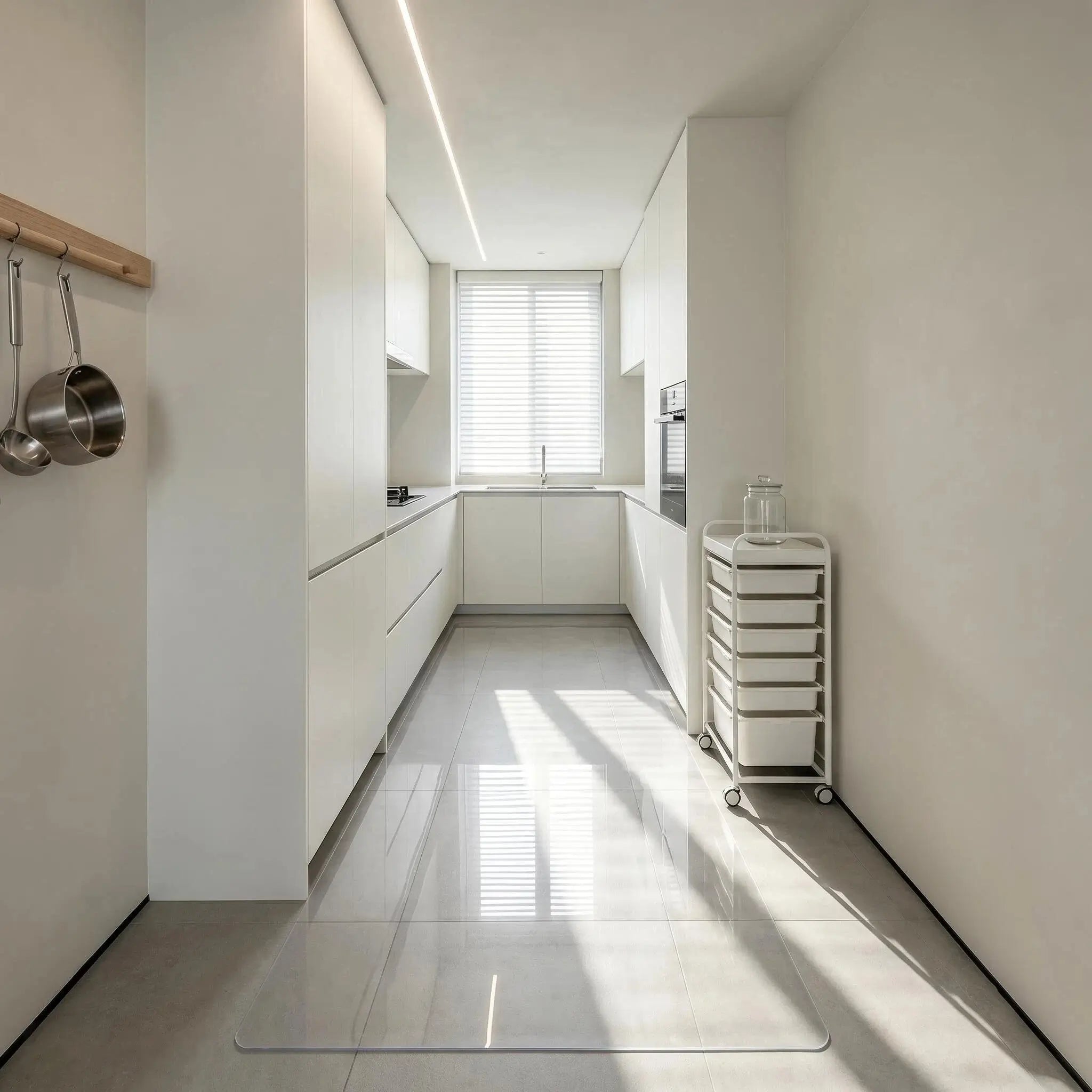 Heavy-duty PVC floor mat used as a waterproof runner in a modern kitchen hallway.