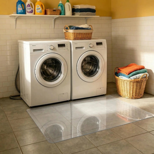 Clear PVC laundry room mat, waterproof floor protector for under washing machines and dryers.
