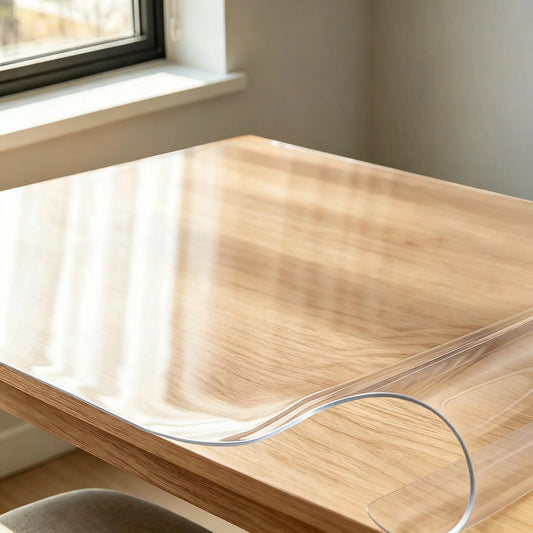 Close-up of 42x42 PVC table pad showing a slightly curved corner, highlighting material flexibility and 1.5mm thickness.
