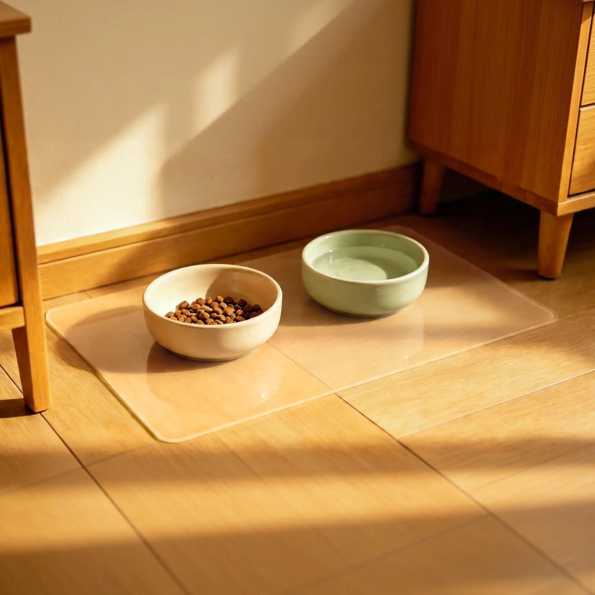 Clear PVC pet feeding mat for food and water bowls, waterproof floor protector for dogs and cats.