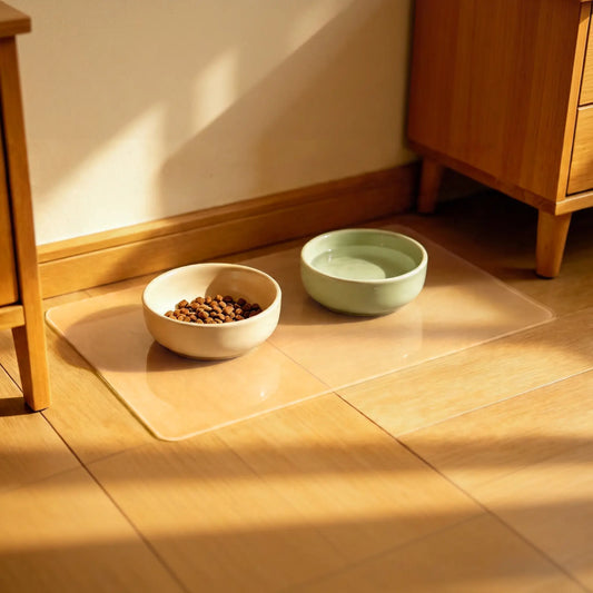 Clear PVC pet feeding mat for food and water bowls, waterproof floor protector for dogs and cats.