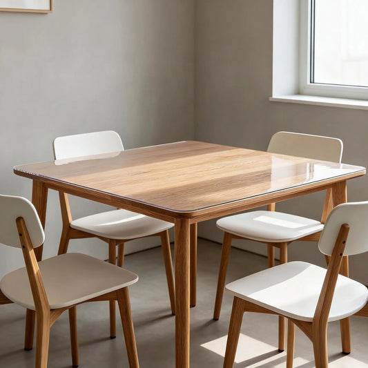42x42 inch clear PVC table protector on a 4-person dining table, waterproof and heat resistant furniture guard.