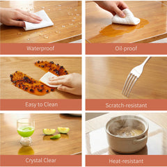 Key features of PVC table pad: crystal clear, heat resistant, oil-proof, scratch-resistant, and easy to clean.