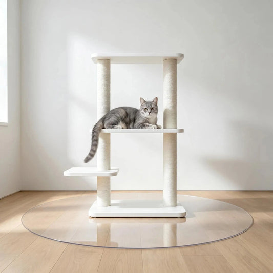 Round clear PVC mat for under cat trees, waterproof floor protector to catch litter and pet hair.