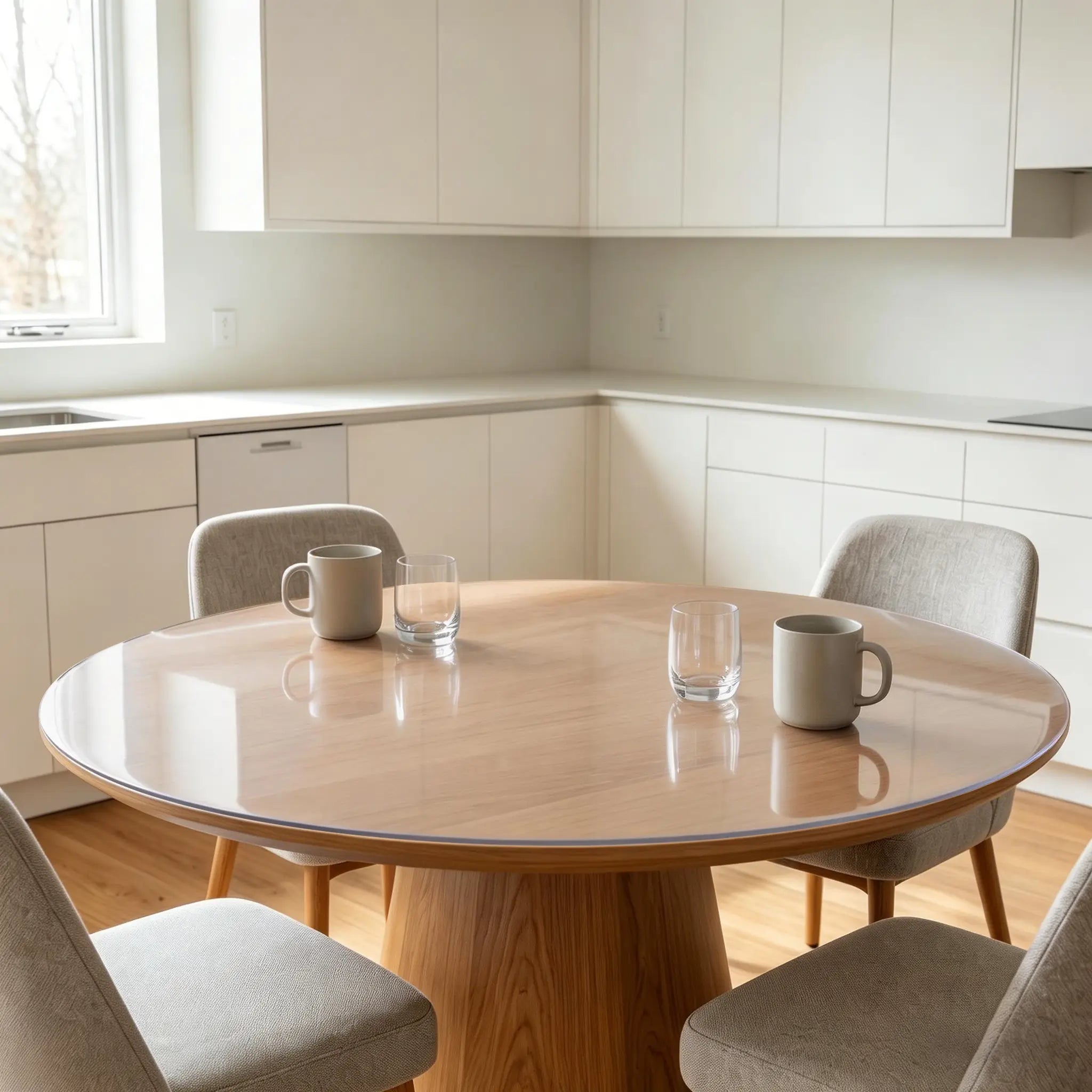 Round clear PVC dining table mat, heat-resistant and waterproof transparent protector for circular dinner tables.