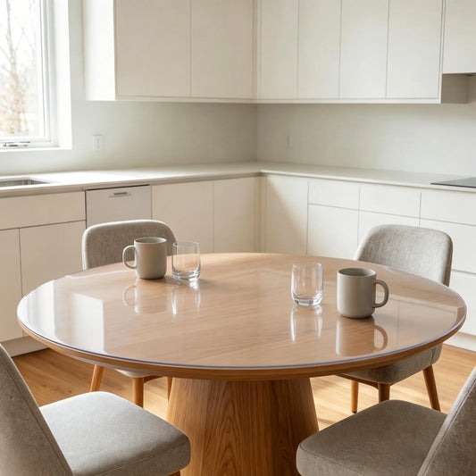 Round clear PVC dining table mat, heat-resistant and waterproof transparent protector for circular dinner tables.