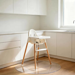 Round clear PVC mat for bar stools, heavy-duty floor guard for kitchen island and home bar seating area.