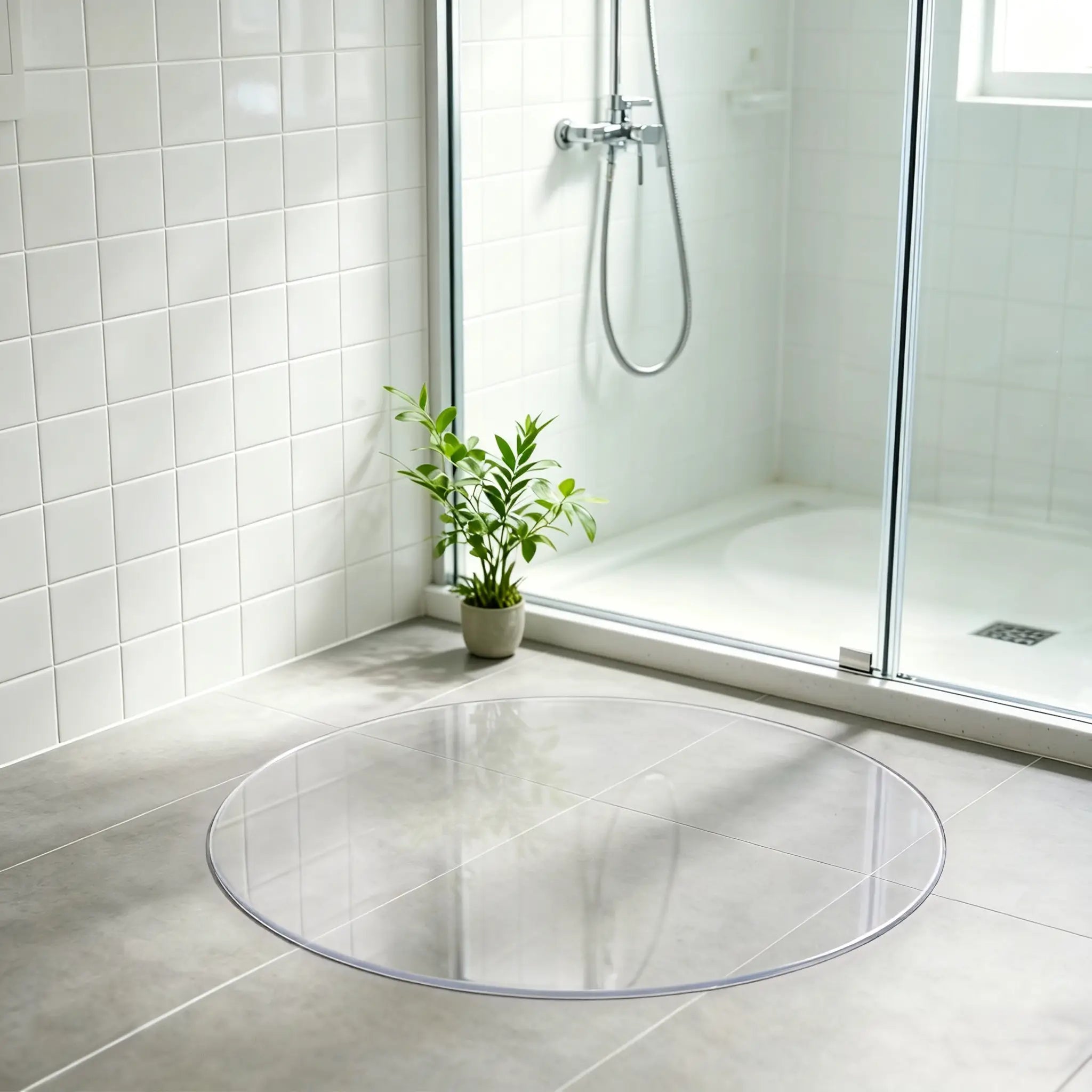 Round clear PVC bathroom mat, waterproof and non-slip floor protector for shower, bath, and vanity areas.
