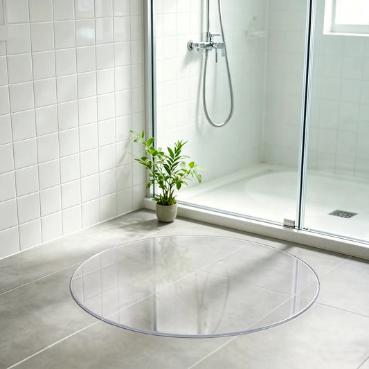 Round clear PVC bathroom mat, waterproof and non-slip floor protector for shower, bath, and vanity areas.