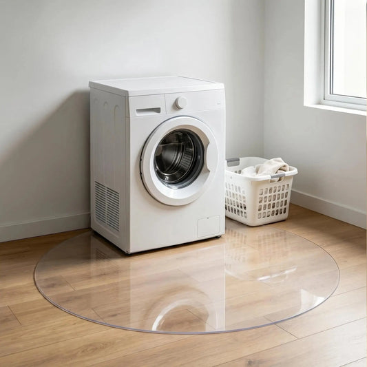 Round clear PVC laundry mat, waterproof circular floor protector for under machines or utility room areas.
