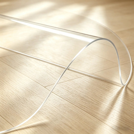 Close-up of a round PVC mat being bent in the center, showing 1.5mm material flexibility and durable quality.