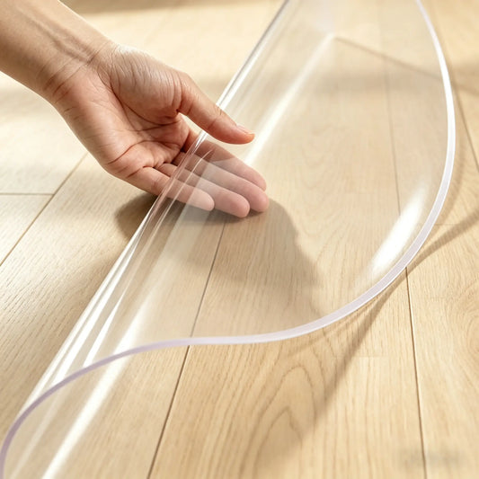 Hand folding the corner of a round clear PVC mat to demonstrate high flexibility and non-slip transparency.