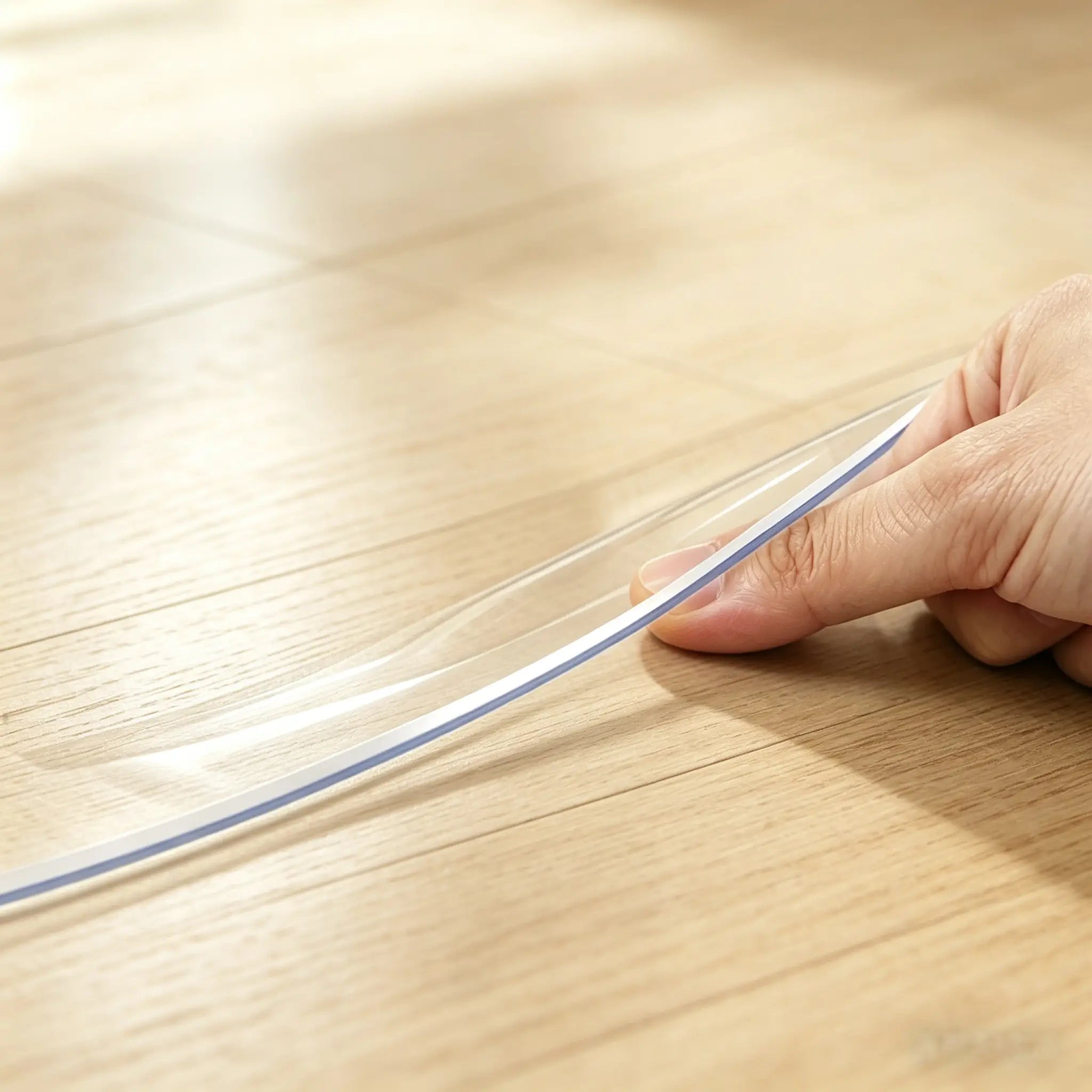 Pinching the edge of a round PVC mat to show 1.5mm thickness and clear, durable, and flexible material.
