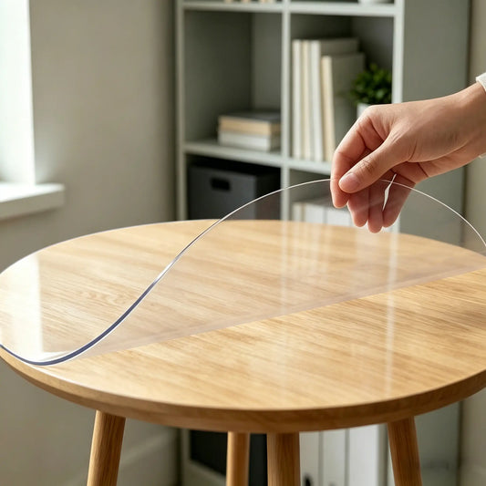 Hand pinching and folding a round transparent mat to show 1.5mm thickness and high flexibility for office use.