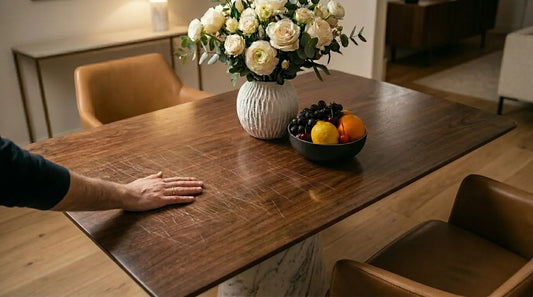 Close-up of a rectangular walnut dining table with visible scratches and wear marks on the wood surface.