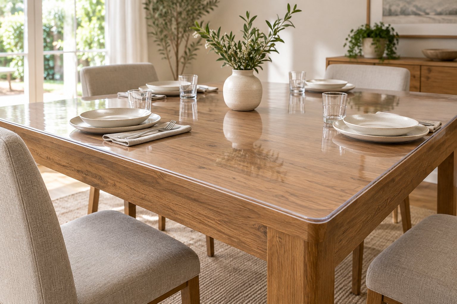 Clear PVC table protector fitted over a wood dining table