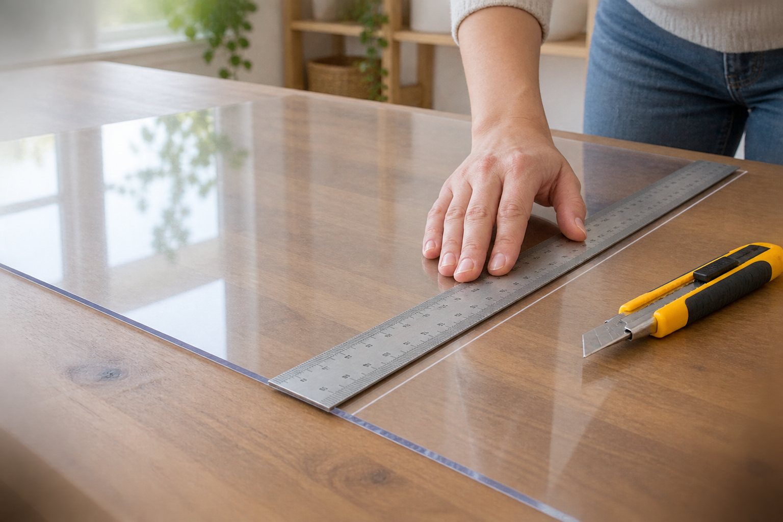 Measuring and trimming a cut-to-fit clear PVC table protector